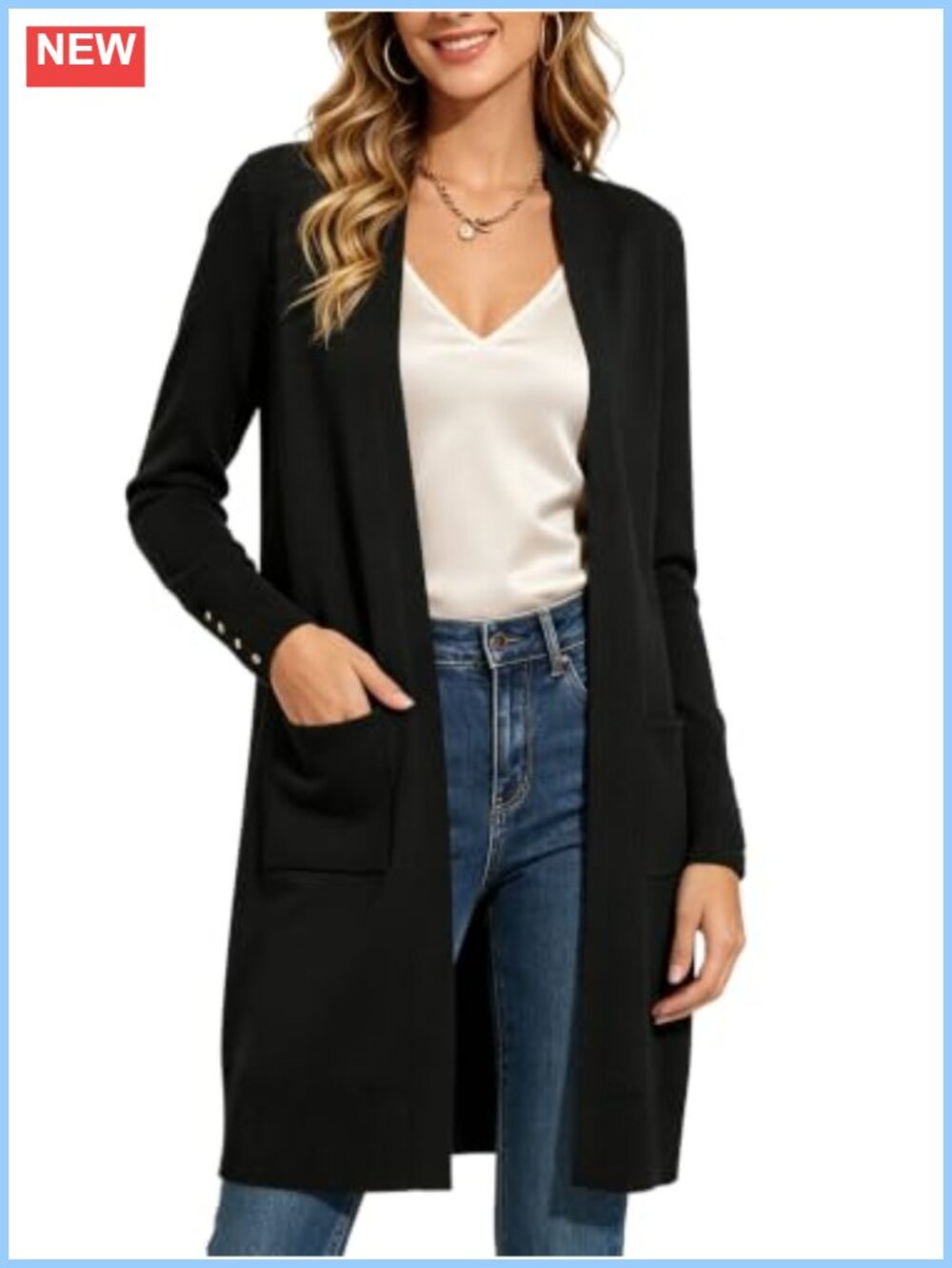 Viscose Long Cardigan Sweater with Pockets Open Front Ribbed Cuff